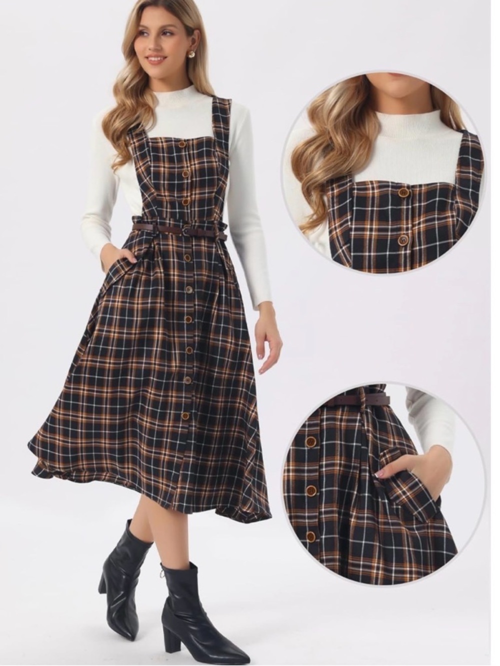 Plaid Button-Front Pinafore Dress in Navy and Brown S
